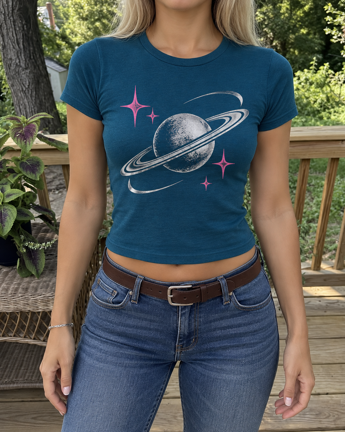 Teal Saturn Graphic Baby Tee