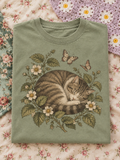 Sage Green Sleeping Cat Floral Graphic Tee