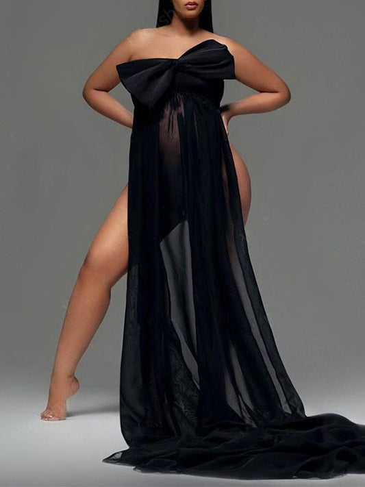 Bow Sheer Side Slit Off Shoulder Backless Photoshoot Maternity Maxi Dress