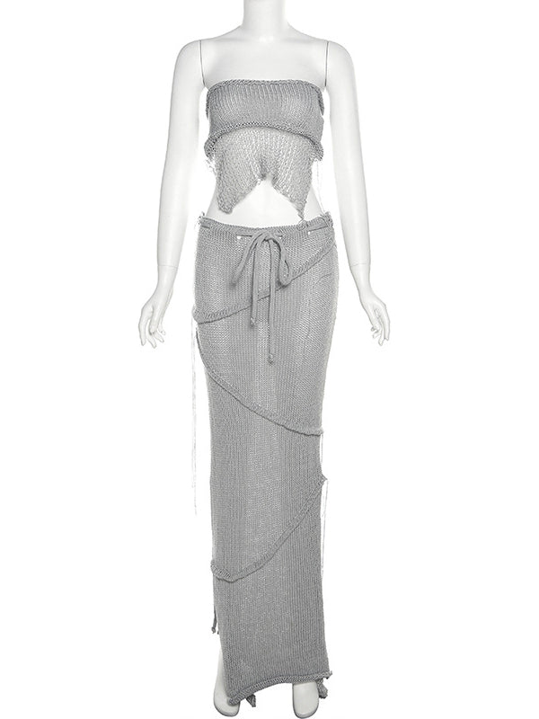 Grey 2 Pieces Tube Mesh Tie Slit Drawstring Chic Bodycon Photoshoot Baby Shower Maternity Maxi Dress