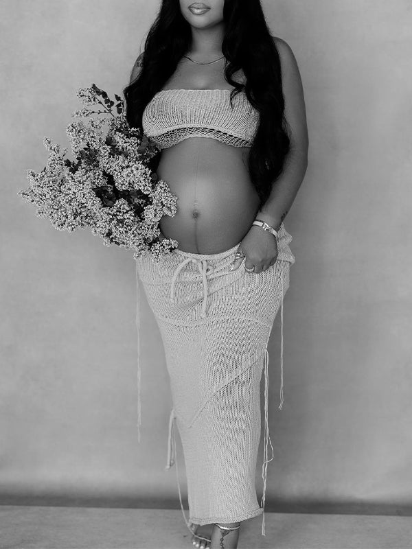 Grey 2 Pieces Tube Mesh Tie Slit Drawstring Chic Bodycon Photoshoot Baby Shower Maternity Maxi Dress