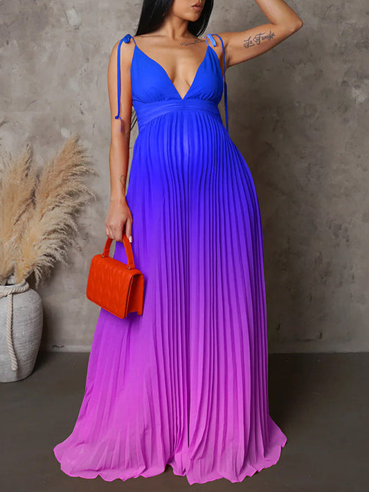 Belly Friendly Spaghetti Strap Pleated Gradient Color Babyshower Maternity Maxi Dress