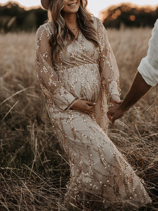 Apricot Sequin Tassel Tulle Ruched Cross Chest Multi Way Tie Back V-neck Elegant Boho Photoshoot Maternity Maxi Dress