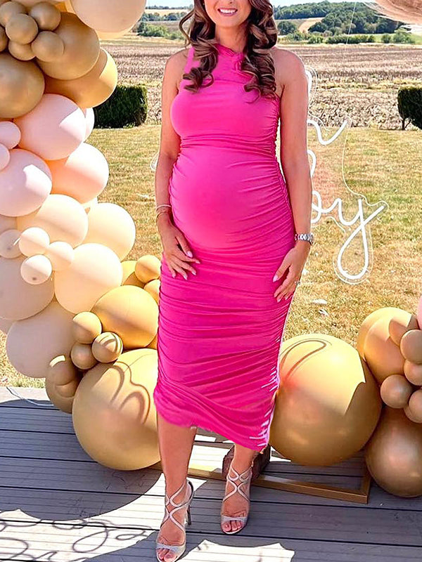 Ruched Oblique Shoulder Belly Friendly Irregular Bodycon Babyshower Maternity Maxi Dress