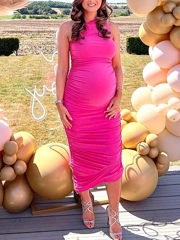 Ruched Oblique Shoulder Belly Friendly Irregular Bodycon Babyshower Maternity Maxi Dress