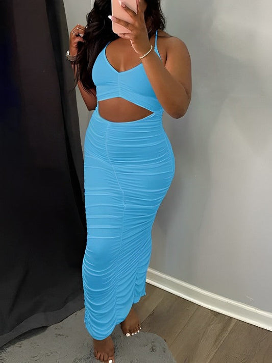 Blue Cut Out Backless Slit Spaghetti Strap Ruched Baby Shower Bodycon Party Maternity Maxi Dress