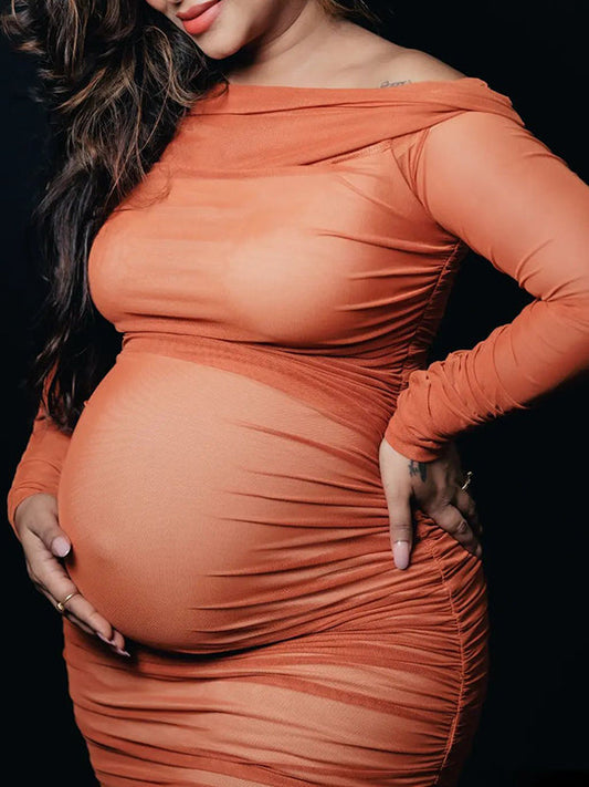 Caramel Off Shoulder Grenadine Ruched Elegant Baby Shower Maternity Midi Dress