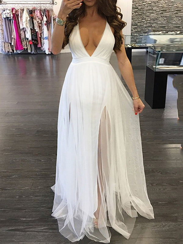 White Tulle Off Shoulder Grenadine Side Slit Backless V-Neck Cute Gown Baby Shower Maternity Maxi Dress