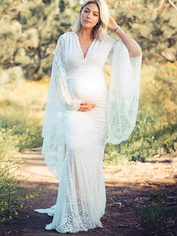 White Lace Trumpet V-Neck Flare Sleeve Bodycon Prom Wedding Gown Photoshoot Maternity Maxi Dress