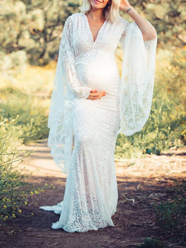 White Lace Trumpet V-Neck Flare Sleeve Bodycon Prom Wedding Gown Photoshoot Maternity Maxi Dress