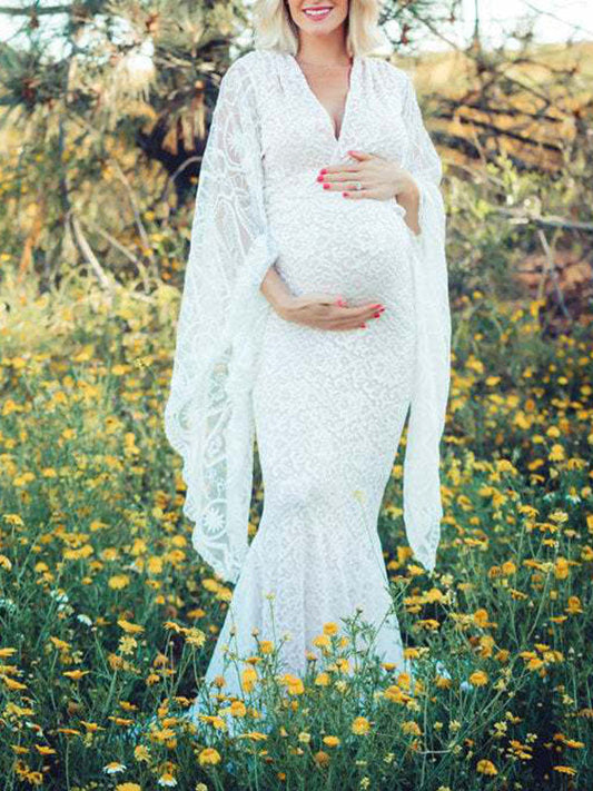 White Lace Trumpet V-Neck Flare Sleeve Bodycon Prom Wedding Gown Photoshoot Maternity Maxi Dress