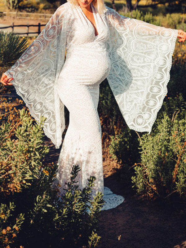 White Lace Trumpet V-Neck Flare Sleeve Bodycon Prom Wedding Gown Photoshoot Maternity Maxi Dress
