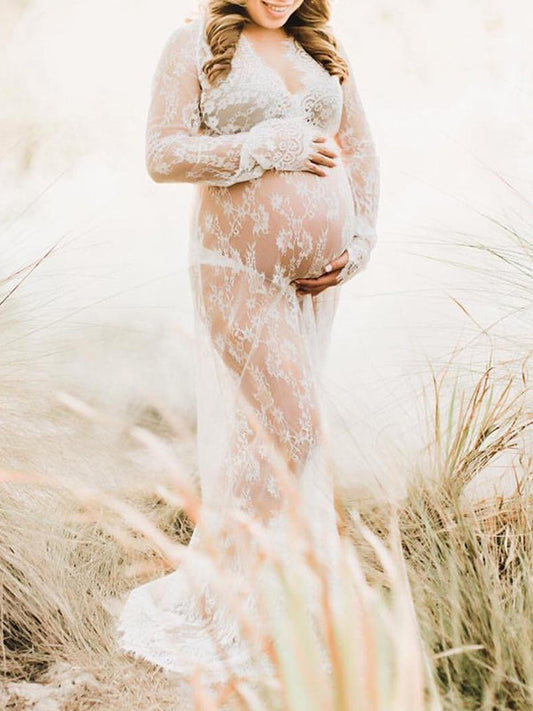 White Lace Robe V-neck Bathtub Photoshoot Plus Size Maternity Maxi Dress