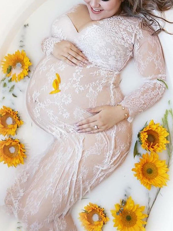 White Lace Robe V-neck Bathtub Photoshoot Plus Size Maternity Maxi Dress