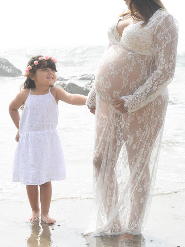 White Lace Robe V-neck Bathtub Photoshoot Plus Size Maternity Maxi Dress