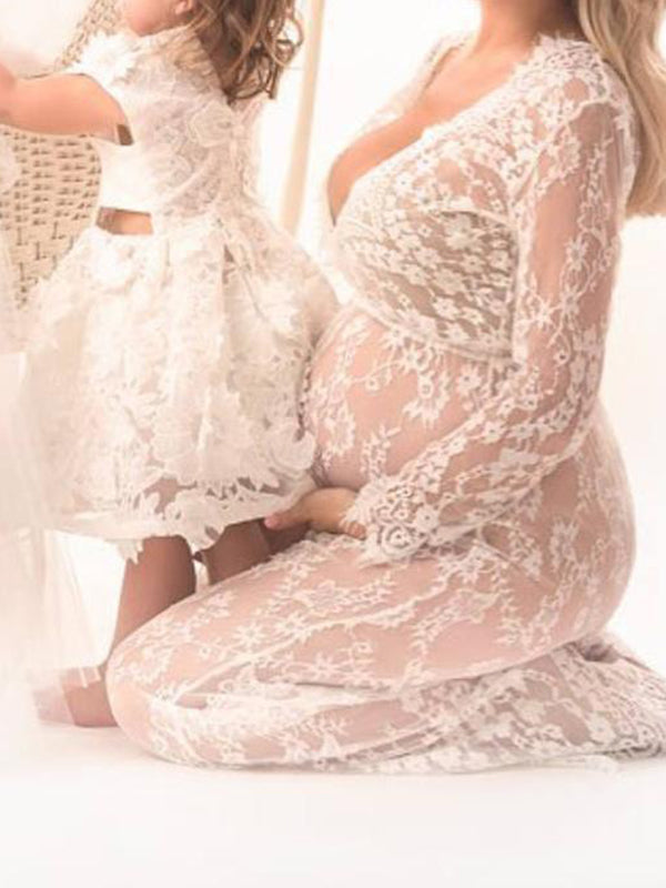 White Lace Robe V-neck Bathtub Photoshoot Plus Size Maternity Maxi Dress