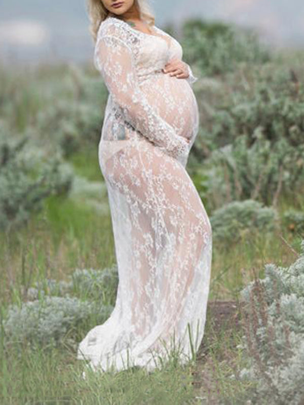White Lace Robe V-neck Bathtub Photoshoot Plus Size Maternity Maxi Dress