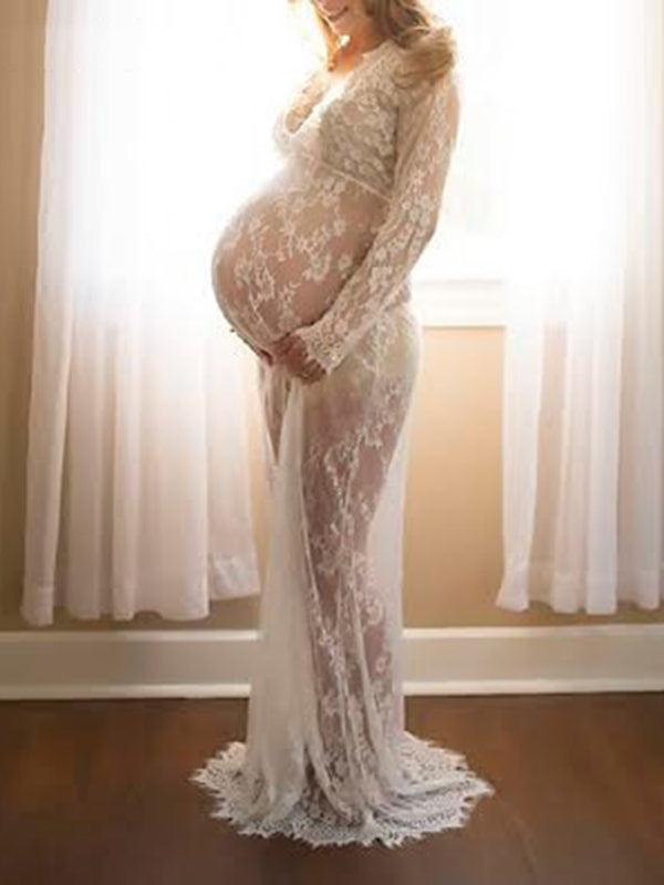 White Lace Robe V-neck Bathtub Photoshoot Plus Size Maternity Maxi Dress