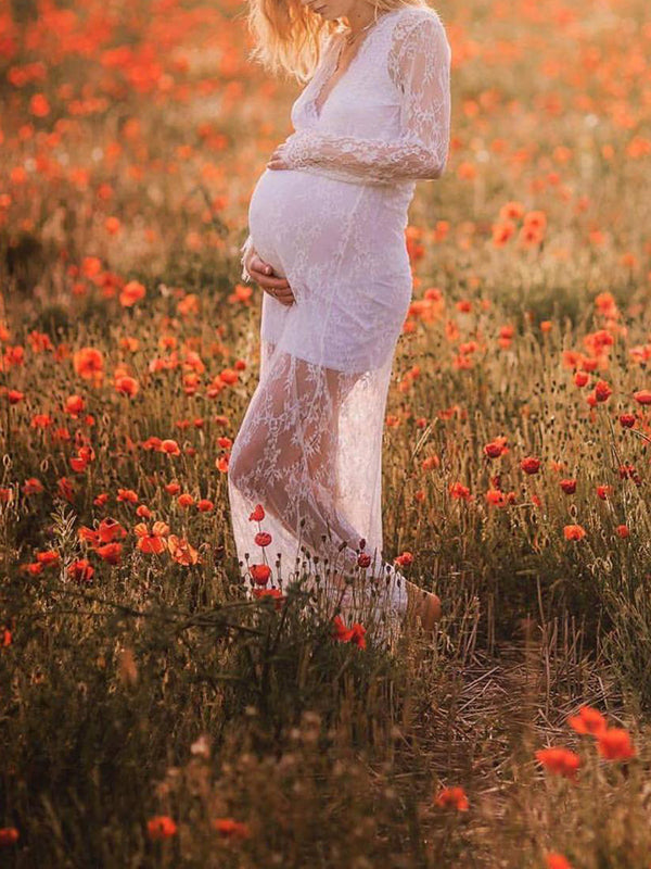 White Lace Robe V-neck Bathtub Photoshoot Plus Size Maternity Maxi Dress