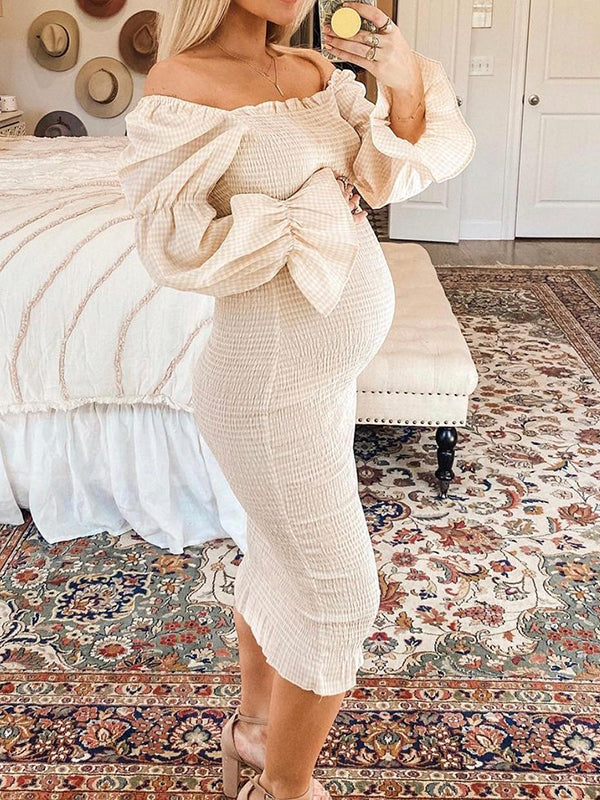 Ruffle Off Shoulder Long Sleeve Bodycon Baby Shower Maternity Midi Dress