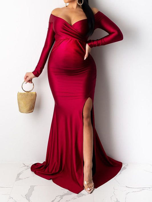 Off Shoulder Long Sleeve Slit Bodycon Solid Baby Shower Party Evening Gown Maternity Maxi Dress