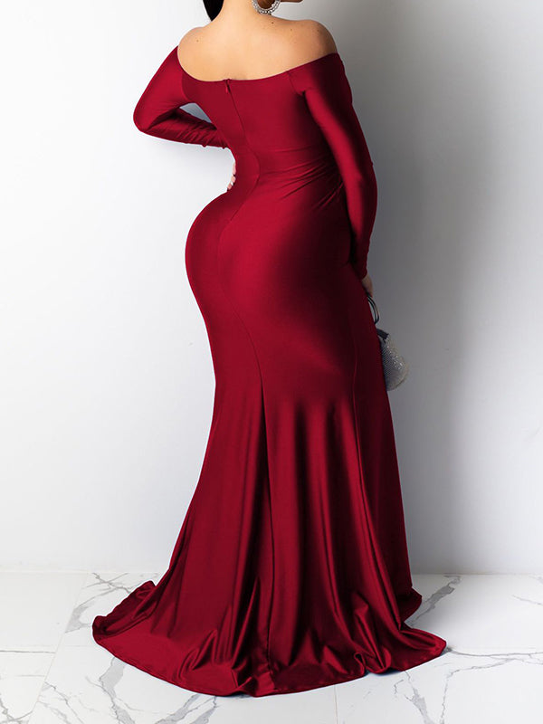 Off Shoulder Long Sleeve Slit Bodycon Solid Baby Shower Party Evening Gown Maternity Maxi Dress