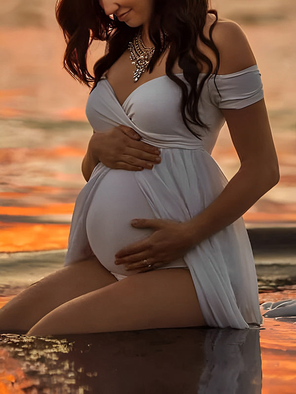 White Tulle Off Shoulder V-Neck Cap Sleeve Bodysuit Flowy Plus Size Photoshoot Maternity Maxi Dress