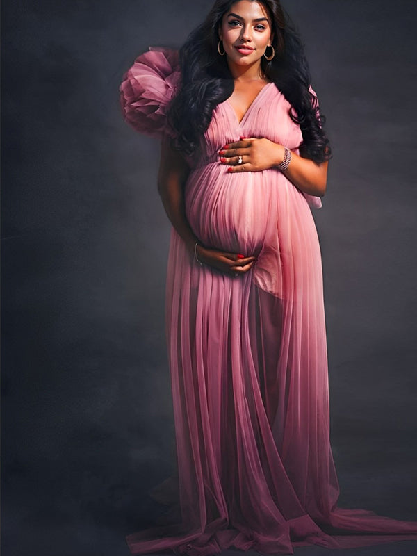 Tulle Ruffle V-neck Slit Plus Size Photoshoot Baby Shower Maternity Maxi Dress