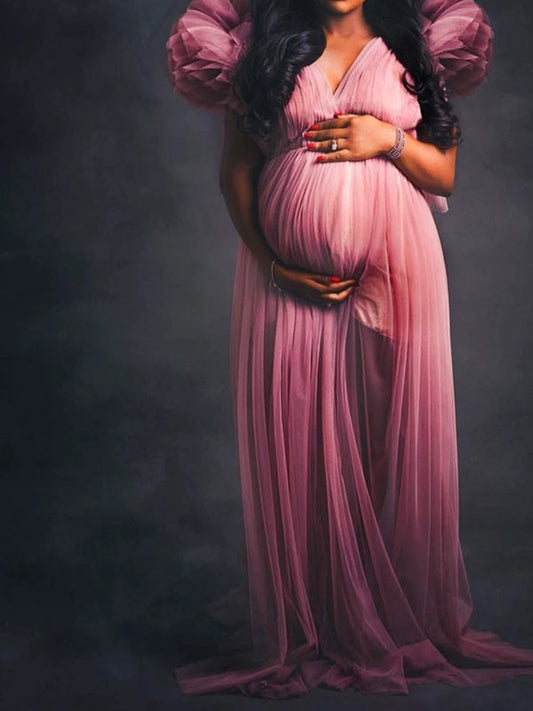 Tulle Ruffle V-neck Slit Plus Size Photoshoot Baby Shower Maternity Maxi Dress