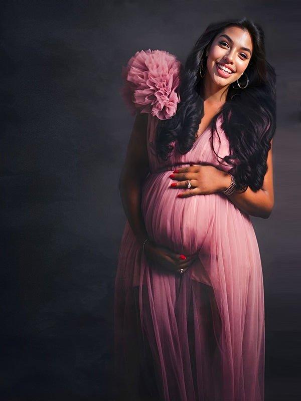 Tulle Ruffle V-neck Slit Plus Size Photoshoot Baby Shower Maternity Maxi Dress