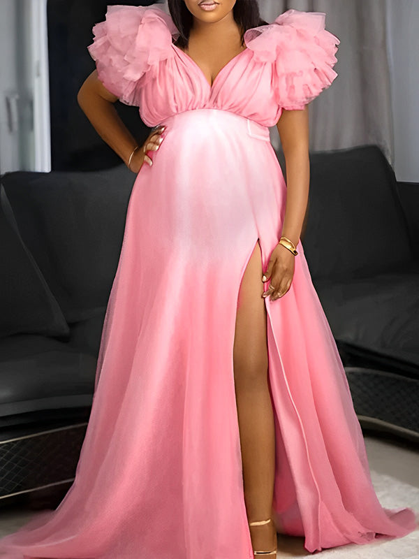 Tulle Ruffle V-neck Slit Plus Size Photoshoot Baby Shower Maternity Maxi Dress