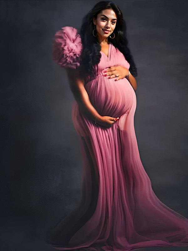 Tulle Ruffle V-neck Slit Plus Size Photoshoot Baby Shower Maternity Maxi Dress