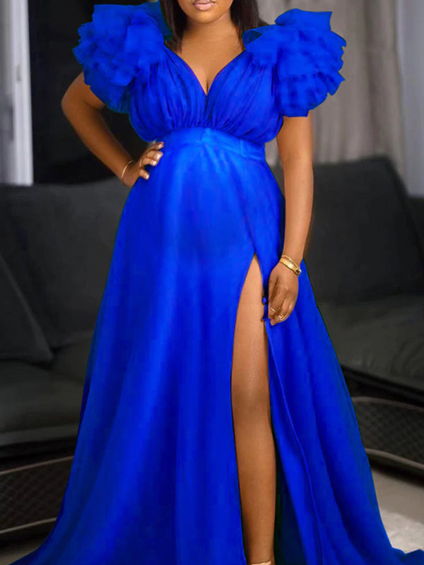 Blue Tulle Ruffle V-neck Slit Plus Size Photoshoot Baby Shower Maternity Maxi Dress