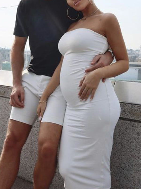 Bandeau Strapless Tube Party Dress Sleeveless Bodycon Babyshower Casual Maternity Maxi Dress