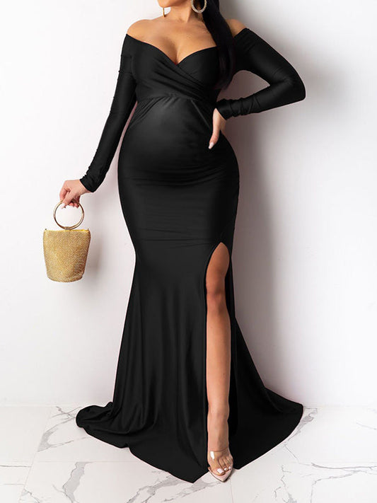 Black Off Shoulder Long Sleeve V-Neck Slit Bodycon Evening Gown Plus Size Elegant Baby Shower Maternity Maxi Dress