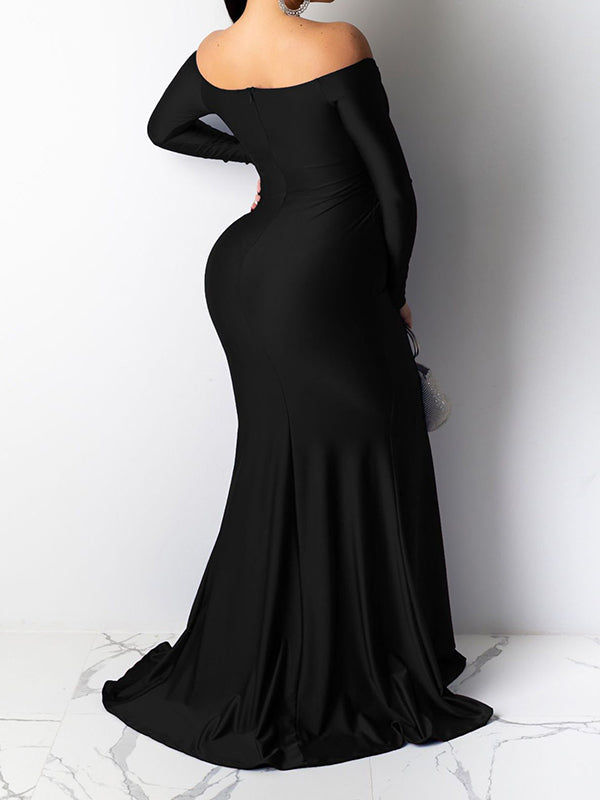 Black Off Shoulder Long Sleeve V-Neck Slit Bodycon Evening Gown Plus Size Elegant Baby Shower Maternity Maxi Dress