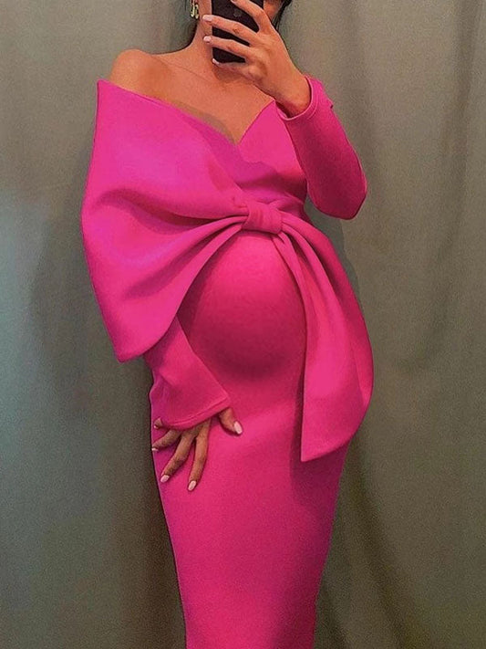 Off Shoulder Irregular Ruffle Bowknot V-Neck Long Sleeve Slit Bodycon Party Baby Shower Cute Plus Size Maternity Maxi Dress