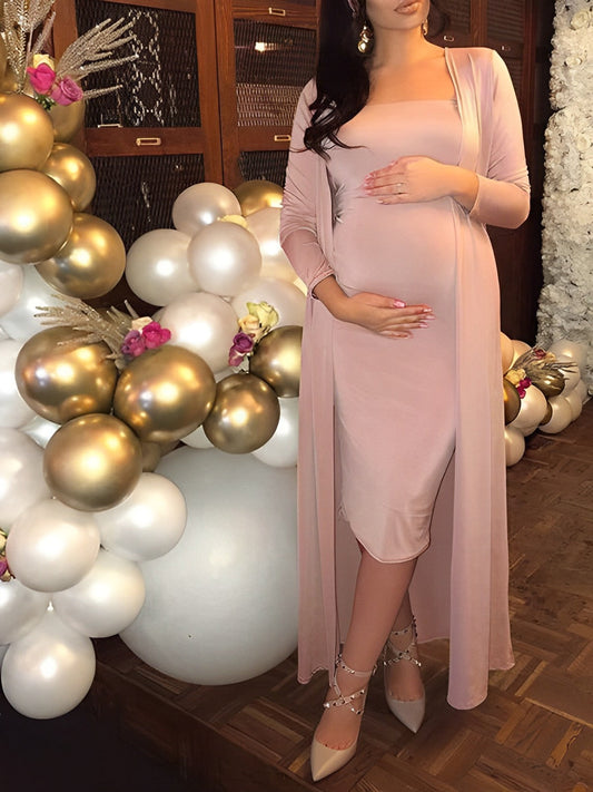 Pink Bright Wire Long Sleeve 2-in-1 Glitter Bodycon Party Cute Baby Shower Plus Size Cardigan Set Maternity Midi Dress
