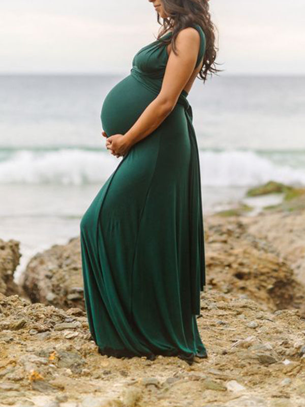 Dark Green Spaghetti Strap Backless V-Neck Party Baby Shower Maternity Maxi Dress