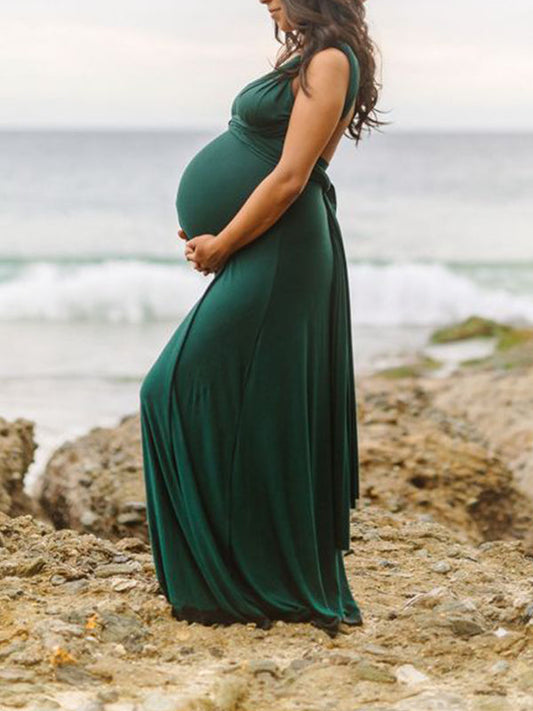Dark Green Spaghetti Strap Backless V-Neck Party Baby Shower Maternity Maxi Dress