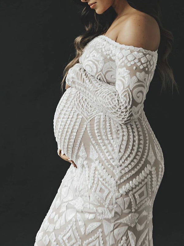 White Lace Sequin Off Shoulder Mermaid Bodycon Wedding Gown Baby Shower Elegant Foamal Maternity Photoshoot Maxi Dress