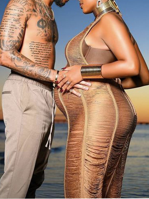 Sheer Backless Tassel Crochet Halter Neck Sleeveless Beach Cover Ups Plus Size Photoshoot Maternity Maxi Dress