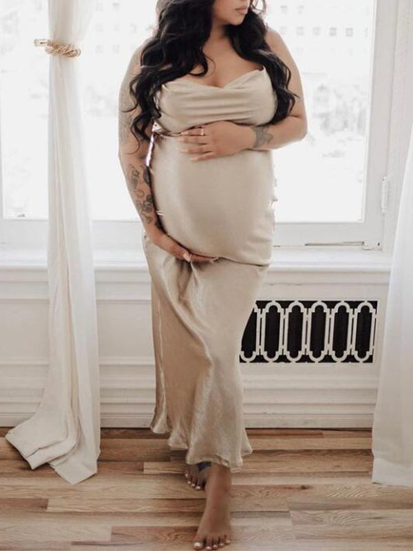 Satin Spaghetti Strap Tie Back Backless Trumpet Party Bodycon Plus Size Baby Shower Maternity Maxi Dress