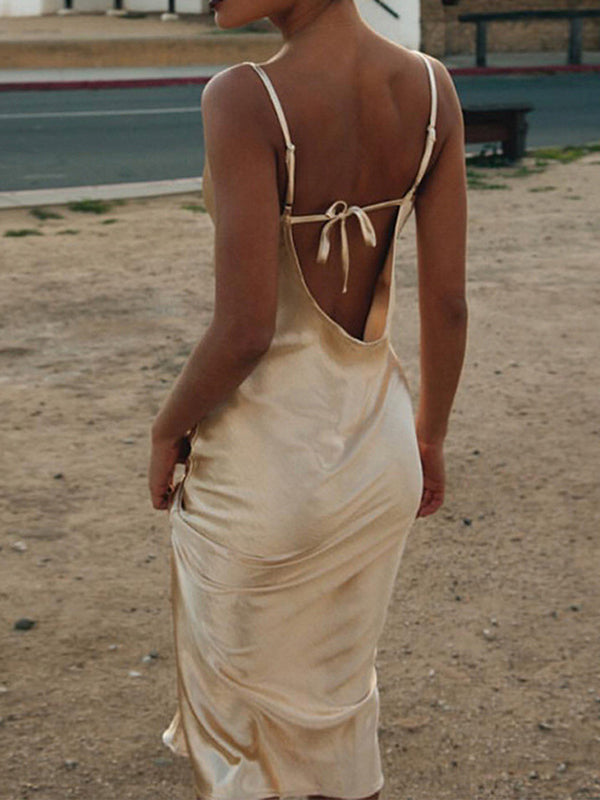 Satin Spaghetti Strap Tie Back Backless Trumpet Party Bodycon Plus Size Baby Shower Maternity Maxi Dress