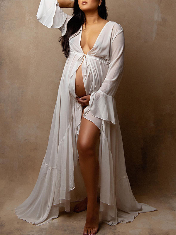 Ruffle Falbala Drawstring Chiffon Robe Photoshoot Maternity Maxi Dress