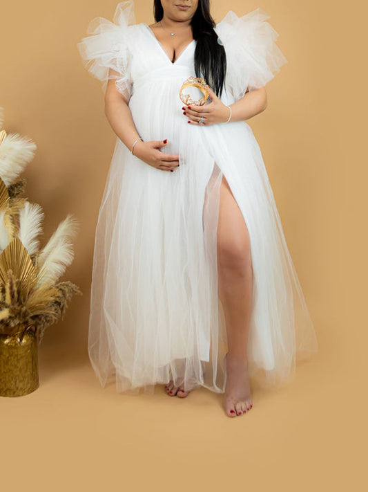 White Tulle Ruffle Side Slit V-Neck Plus Size Photoshoot Maternity Maxi Dress