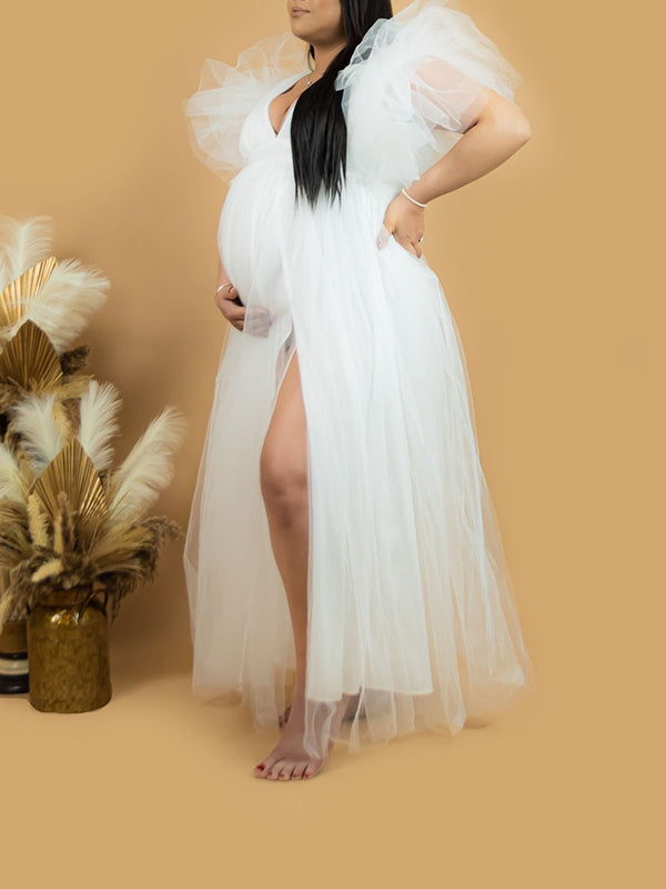 White Tulle Ruffle Side Slit V-Neck Plus Size Photoshoot Maternity Maxi Dress