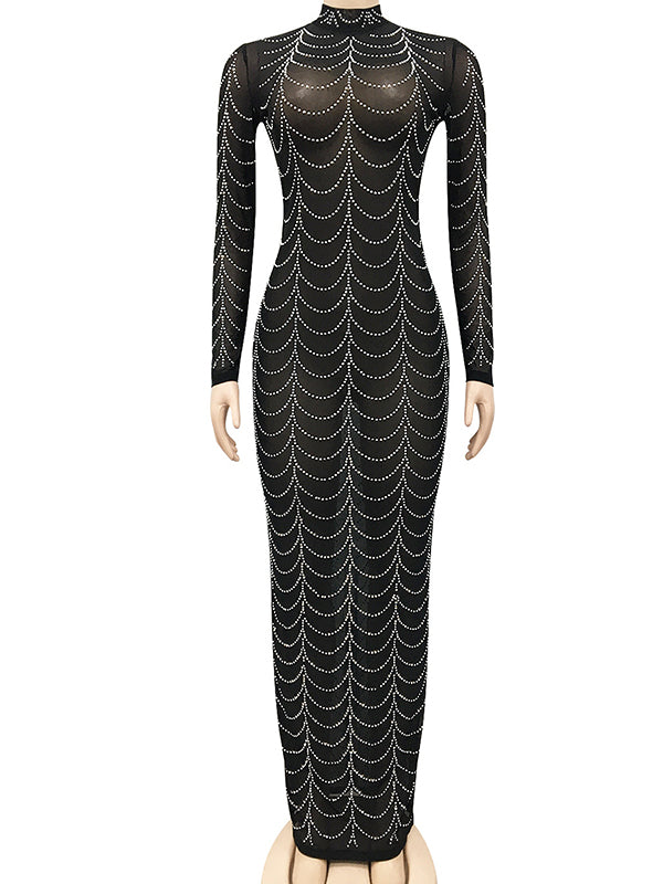 Black Rhinestone Bodycon Mesh Long Sleeve Evening Gown Photoshoot Plus Size Club Maternity Maxi Dress