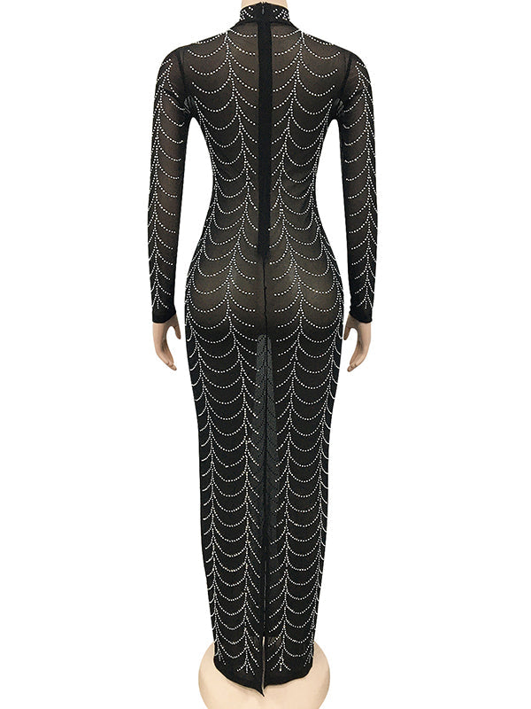 Black Rhinestone Bodycon Mesh Long Sleeve Evening Gown Photoshoot Plus Size Club Maternity Maxi Dress