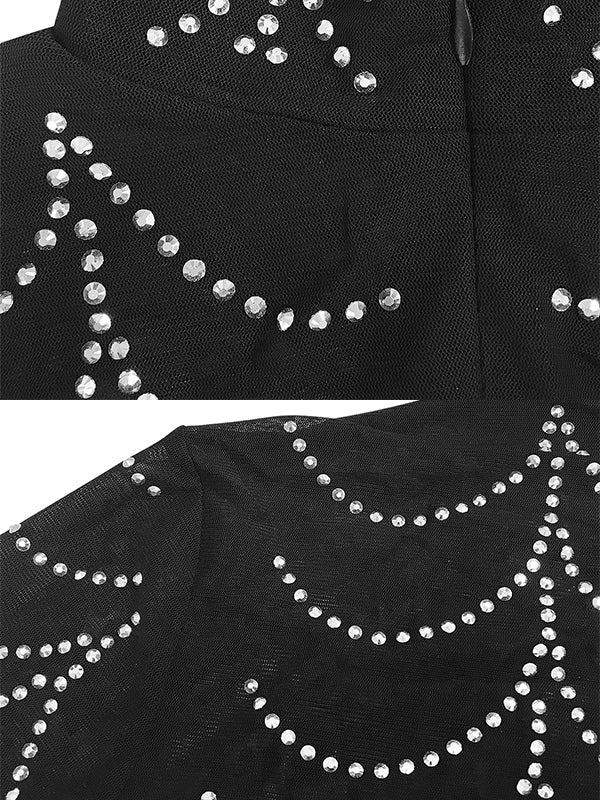 Black Rhinestone Bodycon Mesh Long Sleeve Evening Gown Photoshoot Plus Size Club Maternity Maxi Dress